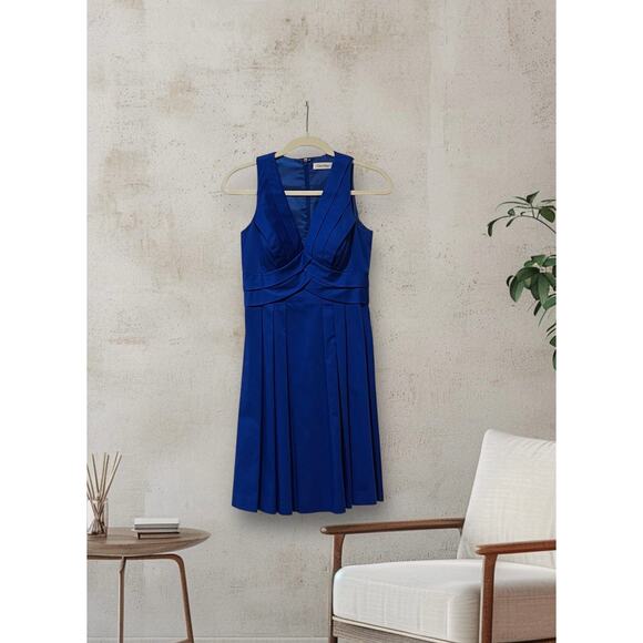 CALVIN KLEIN Peacock Blue V-Neck Sleeveless Fit & Flare Pleats Dress - Size 2P - Picture 1 of 8